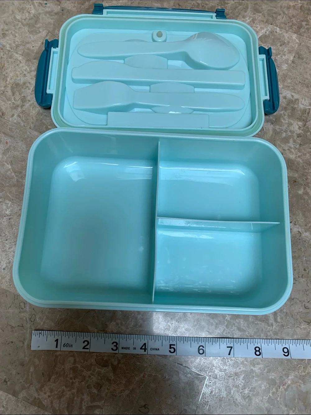 Cute Aqua Blue Lunch Box. NOT included tableware. Pre-Owned. Standard size.